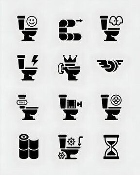 Toilet Icon Collection: A set of nine stylized black icons depicting toilets in various humorous and creative scenarios, from happy and surprised to regal and technological.