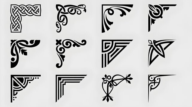 Corner Decoration Designs: A collection of twelve unique corner decoration designs, each showcasing intricate patterns and elegant styles, perfect for adding a touch of sophistication to any project.