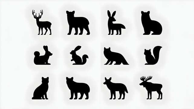 Silhouettes of Woodland Creatures: A collection of twelve black silhouettes of various wild animals, including deer, bear, rabbit, fox, squirrel, and moose, are displayed against a plain background.