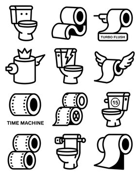 Set of Toilet Icons: A whimsical collection of stylized icons featuring toilets and toilet paper rolls, each with a unique and playful design.