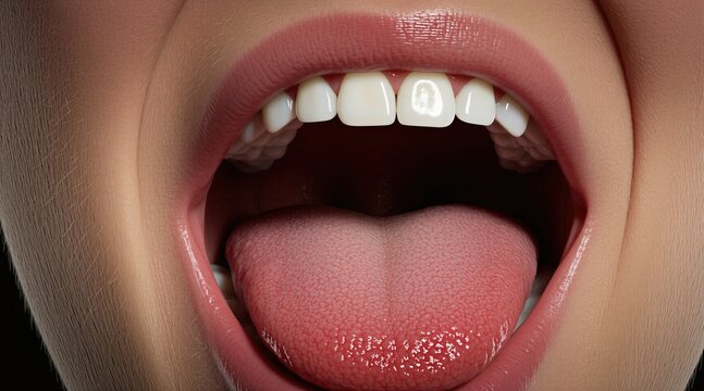 Extreme close-up of human mouth open wide with tongue sticking out. White teeth visible in detail, lips glossed pink. Shows strong emotion like surprise shock or excitement.