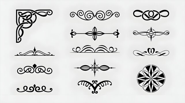 Decorative Ornaments Collection: A set of elegant black and white decorative elements, including corner flourishes, dividers, and a circular motif, perfect for enhancing graphic design projects.