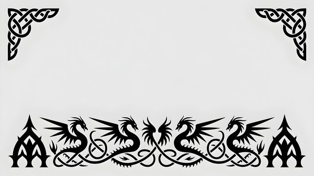 Mythical Dragon Border Design: A striking black graphic design features a border of intertwined mythical dragons and celtic knotwork, evoking fantasy and ancient lore.