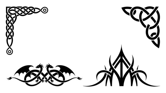 Celtic Knot and Dragon Designs: A collection of stylized black graphic elements.