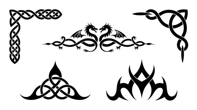 Celtic Knots and Dragon Designs: A collection of intricate Celtic knot borders and decorative dragon motifs, showcasing traditional and mythical artistic elements.