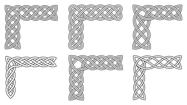 Celtic Knot Corner Designs: A collection of six intricate Celtic knot corner designs showcasing complex interwoven patterns.