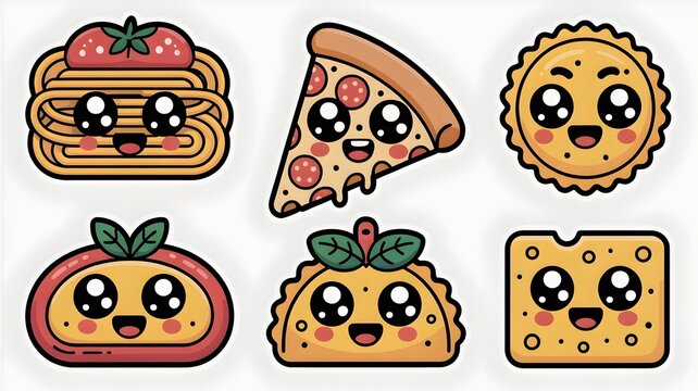 Kawaii Food Friends: A delightful collection of cartoon-style food items, including spaghetti, pizza, a cookie, a dumpling, a taco, and cheese, each adorned with charming kawaii faces.