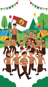 Indonesian boy scouts marching in a park.