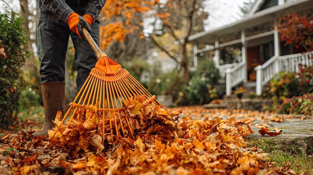 Person raking fallen orange leaves across a lawn, representing autumn yard work and seasonal home maintenance in a residential setting