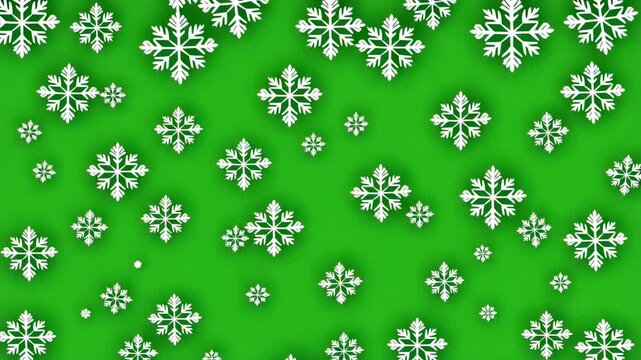 Green background with falling white snowflakes and subtle geometric patterns during winter celebration