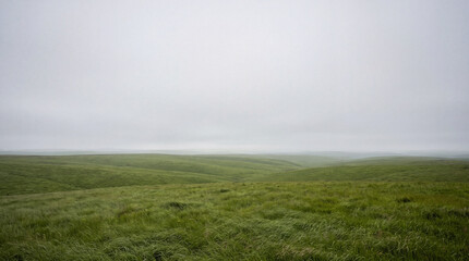 Fototapeta premium Misty rolling green hills stretch across open countryside under grey sky