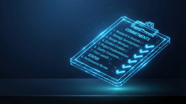 Glowing blue 3D wireframe checklist showcases futuristic AI project commitments with dark tech background ideal for digital innovation and high-tech presentations.