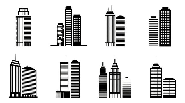 A collection of black silhouette building icons representing modern urban architecture and city skylines for graphic design