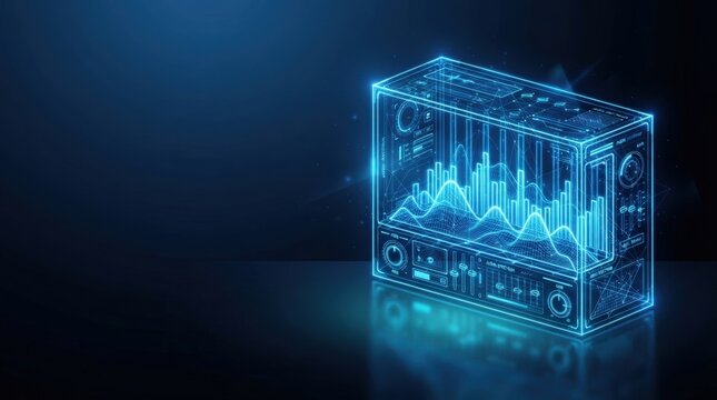 Stunning 3D glowing blue wireframe visual of advanced neural network analytics dashboard, perfect for AI, digital science and high-tech innovation projects showcasing futuristic tech.