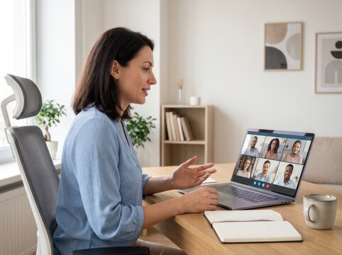 Professional woman sitting at her desk and engaging in a productive group video conference call with colleagues using her laptop computer within a bright residential home office environment for
