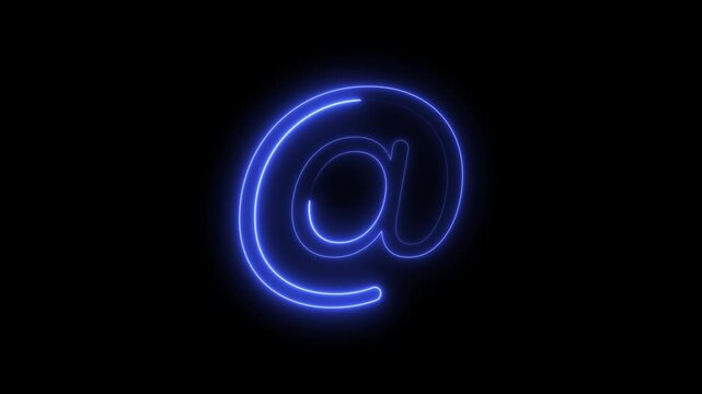 Neon @ Symbol Icon Animation, Glowing Email and Social Media Symbol, Neon Video with Light Effect, Glowing blue neon at symbol sign pulsing on black background, email