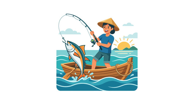 Boy catches large tuna from small wooden boat