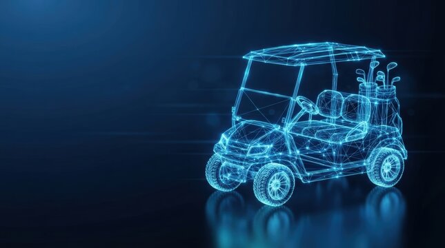 Glowing blue 3D wireframe golf cart showcasing futuristic tech innovation for AI, digital science, and high-tech applications with dark background copy space.