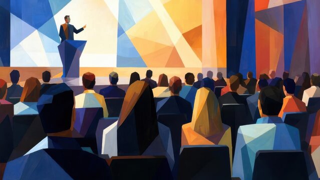 Businessman presenting at conference podium to seated audience. Corporate public speaking, leadership, communication, professional seminar and business event concept in modern geometric illustration.