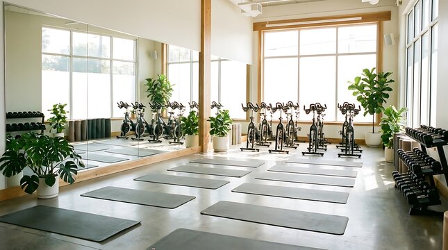 Bright, spacious fitness studio with yoga mats and spin bikes, designed for diverse workouts and promoting a healthy, active lifestyle