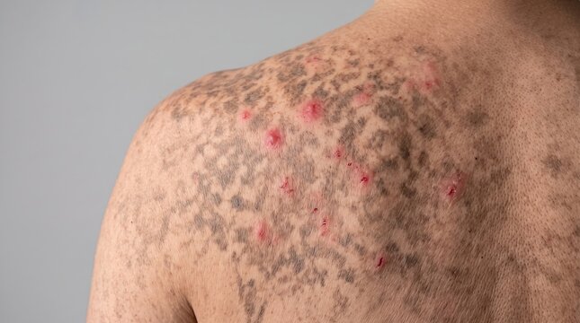 Close-Up Back View of Man Shoulder with Severe Hyperpigmentation and Inflamed Acne Papules