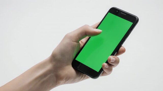 Hand interacting with a green screen smartphone during a smooth swipe motion against a clean studio background