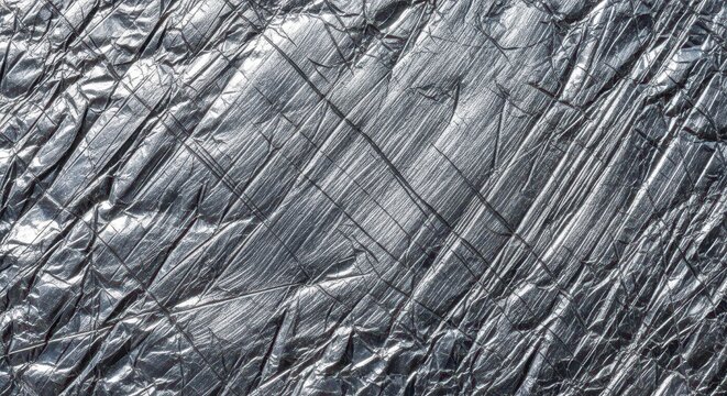 Crumpled Silver Foil Texture with Scratches and Creases, Abstract Metallic Background for Industrial and Creative Design