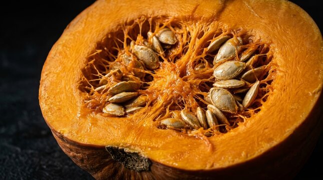 Cross section of a ripe pumpkin with many seeds and fibrous strands for autumn harvest and cooking