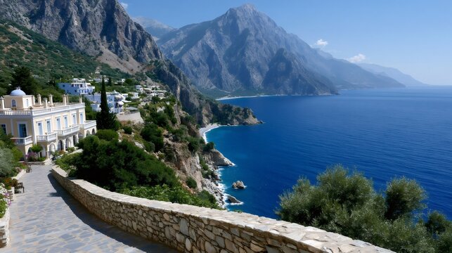 Simonopetra monastery and aegean sea coastline view