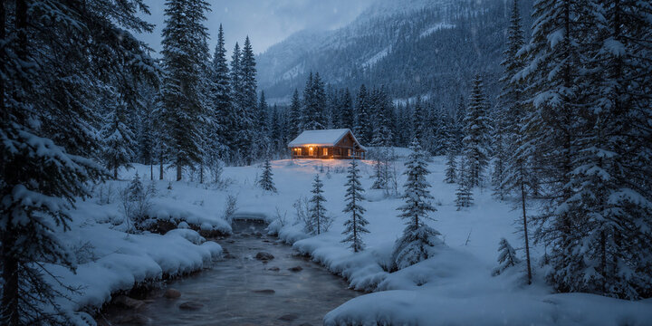 Distant Cabin Warm Lights Soft Snow Forest Snowy Winter Forest