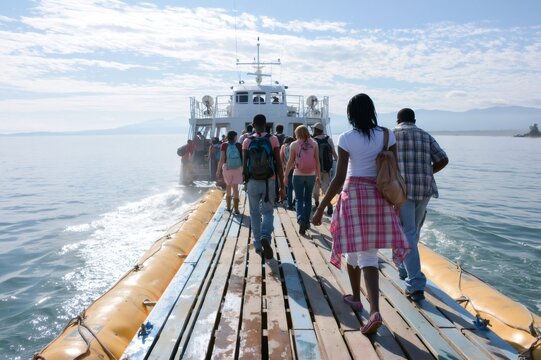 People with backpacks boarding a ferry boat for a water journey