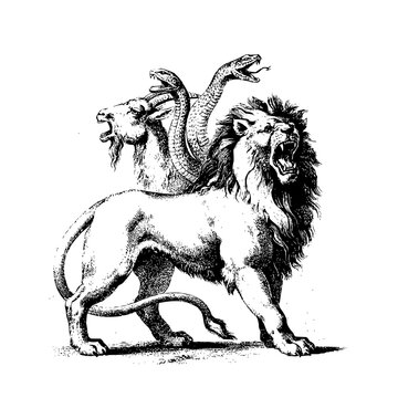 Mythical chimera creature illustration with lion goat and snake heads in engraving style