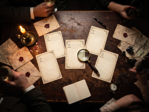 Detective mystery party game with vintage envelopes, magnifying glass and clues on table