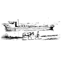 Obraz premium Antique line art illustration of a river barge and a person leading a horse along the shore