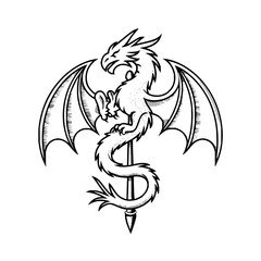 Obraz premium Mythical winged dragon wrapped around a central pole in a clean black and white line art style