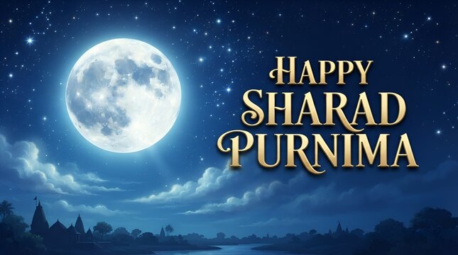 Full moon in night sky with Happy Sharad Purnima text celebration festive glowing clouds