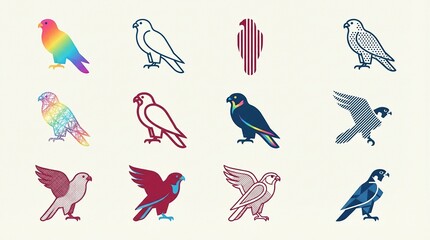 Fototapeta premium Collection of stylized bird illustrations showcasing various colors and patterns on a light background