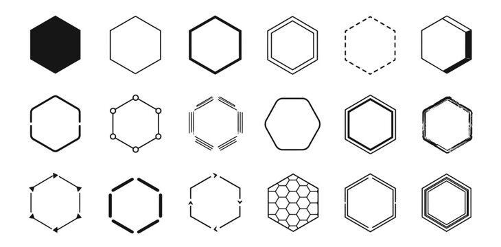 Set of various hexagonal and geometric frames for logos badges and design elements in black and white style