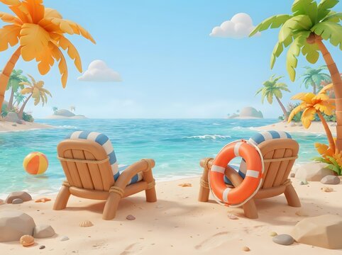 Tropical beach scene with lounge chairs and ocean view in 3d rendering