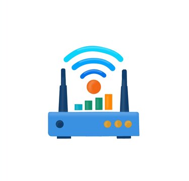 Wireless Wi-Fi router with dual antennas and signal strength wave 3D icon illustration isolated on white background