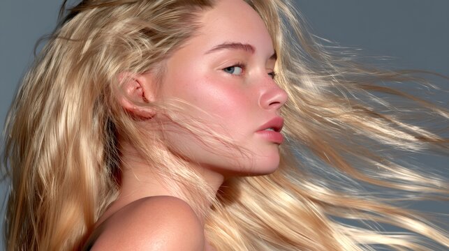 Woman with blonde hair blowing in wind