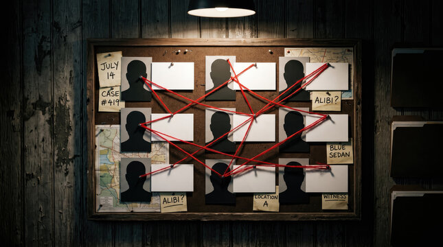 Detective investigation board with suspect photos and red yarn connections on cork wall