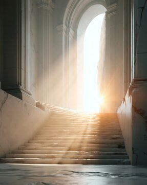 Marble stairs leading to bright light through archway