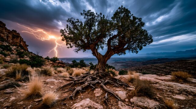 Juniper tree with lightning striking desert canyon during storm