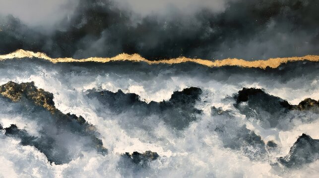 Abstract gold waves breaking on stormy ocean