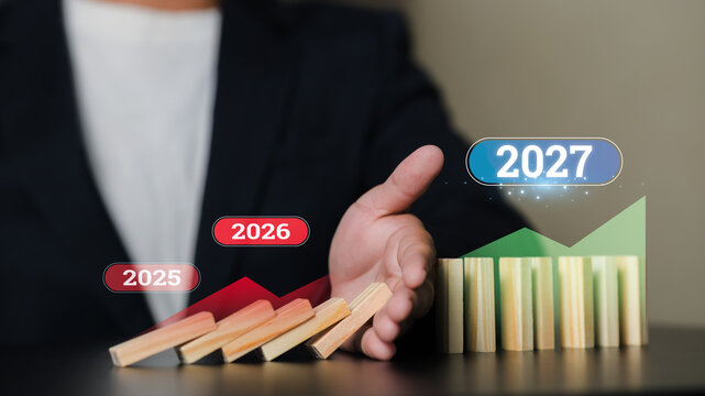 Business Growth Progression with Increasing Bar Graph and Timeline Markers A professional hand pointing at a bar graph with ascending bars from 2025 to 2027