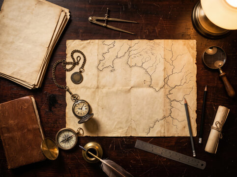 Vintage cartographer workspace with antique map, compass, and old navigation tools on desk