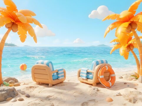 Tropical beach scene with palm trees lounge chairs and ocean view in a 3d render