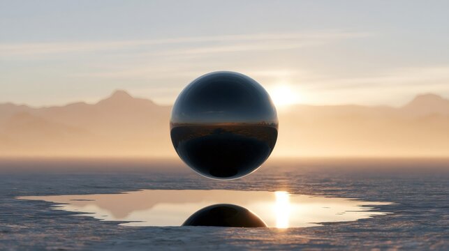 Floating chrome sphere reflecting desert sunset landscape