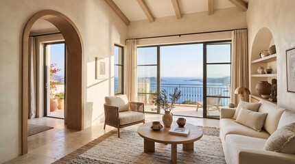 Fototapeta premium Coastal living room interior with Mediterranean style and panoramic ocean sea view